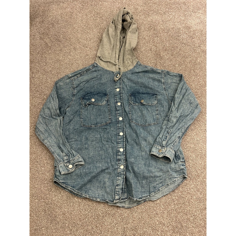 H&M Divided Denim Hoodie Shirt Mens‎ Large Blue Gray Excellent Hooded Shacket